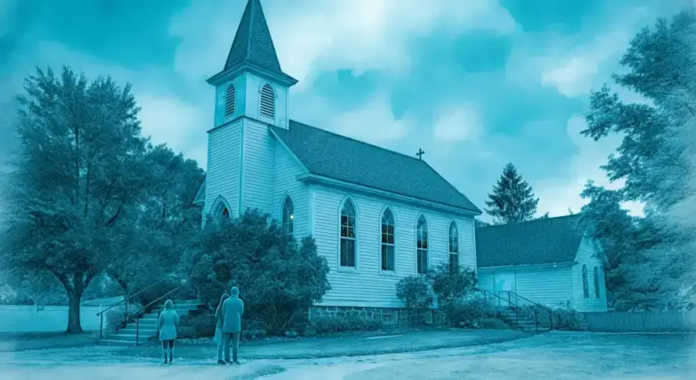 Desenho de uma igreja antiga, baseado na igreja de Verona, NY